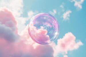 A delightful and cute, pink bubble floats gently and gracefully in the vast blue sky, surrounded by soft, fluffy clouds, radiating a sense of wonder and lightness that captivates the imagination photo