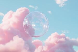 A delightful pink cartoon bubble gently floats through a serene blue sky, adorned with fluffy white clouds, creating a whimsical, enchanting atmosphere that feels both inviting and joyful to behold photo