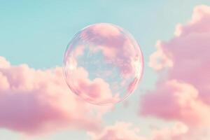 A cute, delightful pink bubble floats lightly and gracefully in a soft, serene blue sky, surrounded by fluffy, white clouds, evoking a sense of wonder and whimsical imagination in the viewer photo
