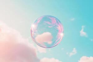 An enchanting and whimsical illustration presents a cute pink bubble gracefully floating amidst a serene sky filled with fluffy white clouds, which evokes a vibrant sense of lightness and wonder photo