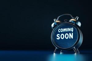This vintage alarm clock design showcases a Coming Soon message, effectively acting as a placeholder for websites or marketing, enhancing brand visibility and increasing audience interest photo