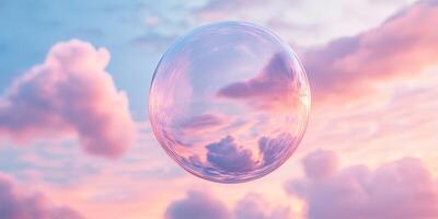 A cute, delicate, floating bubble gently surrounded by soft, fluffy clouds and a warm sunset sky, evoking a sense of lightness, wonder, and serene beauty in a dreamlike atmosphere photo