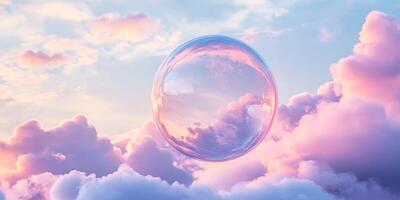 A whimsical and playful cartoon bubble gently floats in a pastelcolored sky that is adorned with fluffy clouds and bathed in warm sunlight, evoking delightful feelings of wonder and joy photo