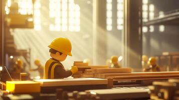 A dynamic and lively scene showcasing construction workers deeply engaged in various carpentry tasks and activities photo