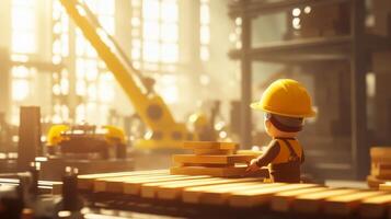 In a vibrant construction setting, a worker figurine is seen amidst neat stacks of wooden materials photo