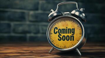 This vintagestyle alarm clock with a Coming Soon message is perfect for web design and marketing, generating excitement for upcoming business launches and important announcements photo