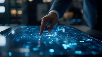 A skilled and dedicated professional is actively exploring and experimenting with innovative technology on a modern touchscreen interface, all within a contemporary and cuttingedge workspace photo