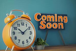A lovely and charming vintagestyle alarm clock displaying Coming Soon text, making it ideal for website announcements, teasing upcoming products, and launching exciting new marketing campaigns photo