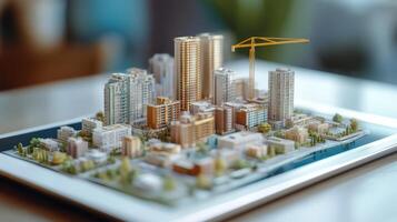 Delve into the world of innovative building permit concepts by utilizing a digital tablet that vividly displays a detailed miniature urban development model for enhanced visualization and planning photo