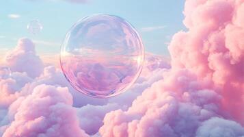 In a delightful scene, a charming and transparent pink bubble gently floats in a soft, pastel sky, which is filled with fluffy clouds, evoking serene feelings of wonder, airiness, and joy in hearts photo