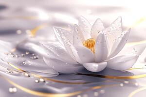 A stunning white lotus flower, adorned with sparkling dewdrops on its soft petals, stands majestically against a vibrant backdrop, creating a peaceful atmosphere that captivates the soul photo
