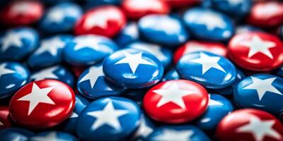 This vibrant collection of red, white, and blue buttons with shining stars embodies US elections and underscores the importance of active citizen engagement in democracy for a brighter future photo
