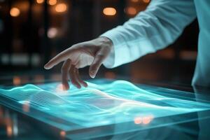 A skilled individual interacts with a stateoftheart holographic display in a modern lab, emphasizing the importance of innovation, creativity, and technological advancement today photo