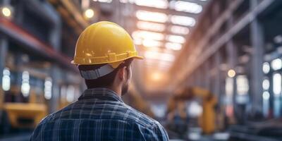 A construction worker in a bright yellow hard hat, emphasizing visibility and head injury protection, stands confidently in a busy industrial setting that highlights the need for safety and teamwork photo