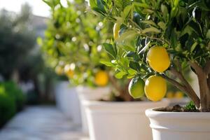 Picture a serene Mediterranean backyard with vibrant lemon trees in stylish white pots, enhancing outdoor beauty and creating a refreshing, inviting atmosphere filled with natures charm photo
