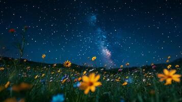 A mesmerizing and breathtaking view of a glorious night sky filled with countless stars above a vibrant and colorful flower field, altogether creating a stunning and enchanting summer landscape photo