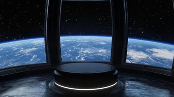 A breathtaking and captivating view from a futuristic scifi space station, showcasing the beautiful Earth in the background. This scene is ideal for themes related to space exploration and discovery photo