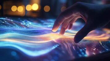 A hand carefully interacts with a vibrant, cuttingedge digital interface, symbolizing innovation and seamless collaboration in the rapidly evolving landscape of technologydriven projects today photo