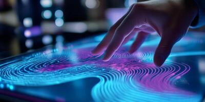 A hand interacts with a colorful display in a modern office, symbolizing innovation, collaboration, and teamwork, essential for advancing technology and fostering creativity in various projects photo