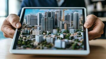 An imaginary cadastral map is displayed on a tablet, serving a crucial role in urban planning for the construction industry by showcasing and visualizing modern building activities and developments photo