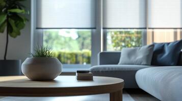 A beautifully designed and stylish living room that features roller blinds, a cozy and inviting sofa, and a tranquil view of the garden outside, making it ideal for modern living and relaxation photo