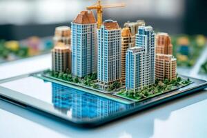 Explore the integration of advanced digital technology in urban planning with a detailed 3D model on a tablet, highlighting key building permits and ongoing construction activities photo