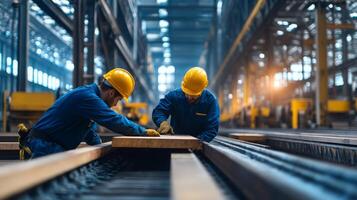 Two hard hatwearing workers actively collaborate on an important construction project within a factory environment, emphasizing the essential values of safety and teamwork in this industrial setting photo