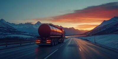 Fuel trucks navigate scenic highways, ensuring timely energy delivery despite safety hazards and logistics challenges, blending nature and industry while highlighting efficient transportation photo