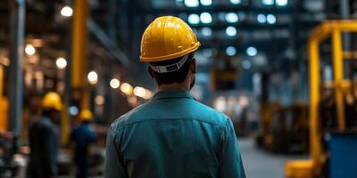 An industrial worker in a hard hat exemplifies safety and collaboration in a workplace, emphasizing the need for rigorous training and health precautions to prevent workplace accidents photo