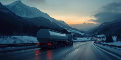 A fuel truck navigates a snowy highway, highlighting the importance of logistics and safety while stressing the role of transporting essential energy resources in winter conditions photo