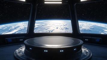 Imagine a futuristic space station with a stunning view of Earth, perfect for thrilling space exploration, captivating scifi themes, and innovative presentations that push creativitys boundaries photo