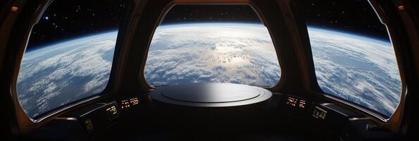 A stunning view from a futuristic space station, showcasing Earth in its captivating glory. This scene perfectly captures the essence of scifi and thrilling space exploration themes photo