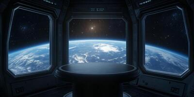 Experience the captivating view of Earth from a sleek space station, ideal for scifi presentations and events that inspire imagination and curiosity about space exploration and the universe photo