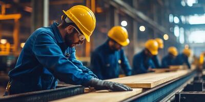In a busy factory, a skilled team in safety gear processes wood, highlighting the importance of teamwork and strict safety protocols for a secure workplace in the construction industry photo