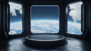 Experience the stunning view of Earth from a futuristic space station. This imagery, perfect for scifi themes and space exploration, showcases our planets beauty from the vastness of space photo
