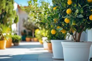 In a serene Mediterranean backyard, fragrant lemon trees in elegant white pots weave together a lush and inviting space that is simply perfect for relaxation and unwinding on warm, sunlit summer days photo