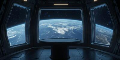 This futuristic space station offers stunning views of Earth, perfect for immersing in science fiction themes and serving as a backdrop for educational presentations on space exploration photo