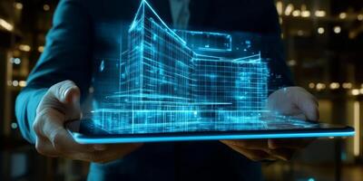 A man shows a digital tablet presenting a stunning hologram of a modern building, highlighting the advanced technology used in real estate to improve property marketing and presentation photo