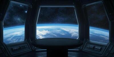 A stunning view from a futuristic space station shows the vibrant blue planet Earth against a backdrop of twinkling stars, ideal for scifi themes and inspiring future space exploration photo