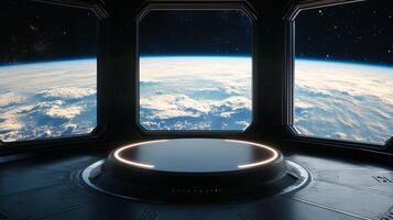 Imagine a stunning, futuristic view from a space station, showcasing Earths beautya perfect visual for scifi themes and captivating presentations on space exploration and the universes mysteries photo