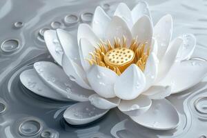 A closeup of a white lotus flower reveals its delicate petals framing a captivating center adorned with glistening water droplets, enhancing its natural elegance in a serene setting photo