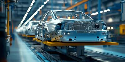 Discover and explore the advanced automotive assembly line environment where precision engineering seamlessly merges with high technology in the intricate manufacturing process of car chassis designs photo