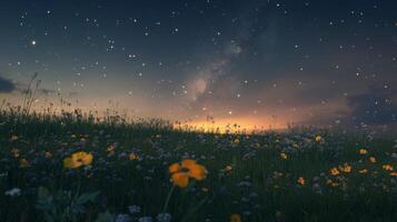 On a tranquil night, the starry sky casts a gentle glow over a colorful flower field, showcasing the enchanting magic of warm summer nights and the splendor of nature for a captivating view photo