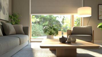 This stylish living room features automated roller blinds, modern furnishings, and stunning views of a bright garden, combining luxury and comfort for a sophisticated and relaxing atmosphere photo