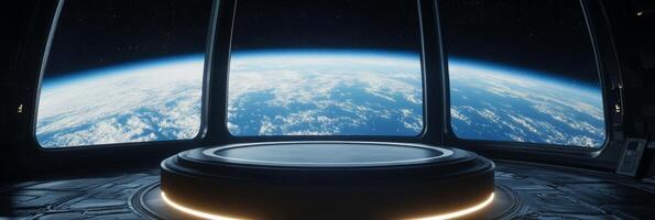 Imagine a breathtaking view from a futuristic space station, with beautiful Earth in the background, perfect for captivating scifi themes and engaging space exploration presentations photo