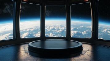 Imagine a stunning scifi space station with panoramic windows showcasing Earths beauty amid the vastness of deep space, creating an ideal backdrop for exploration, adventure, and discovery photo
