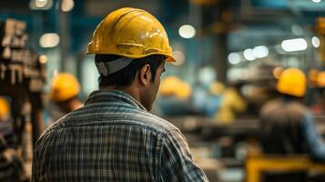 An industrial worker in a hard hat highlights the importance of safety training and effective risk management in construction, emphasizing the need to prioritize employee health and safety photo