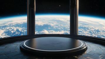 The sleek design of a space station offers a breathtaking view of Earth, perfect for captivating scifi themes and exploring the vastness of outer space and the limitless universe beyond photo