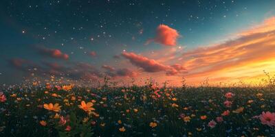 A tranquil and serene landscape is beautifully filled with vibrant and colorful flowers that bloom under a vast starry sky, perfectly capturing the essence of summers enchanting beauty and charm photo