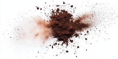 A stunning and eyecatching visual featuring a dramatic explosion of brown powder set against a stark white background, which powerfully evokes themes like dust, dirt, and abstract motion and energy photo